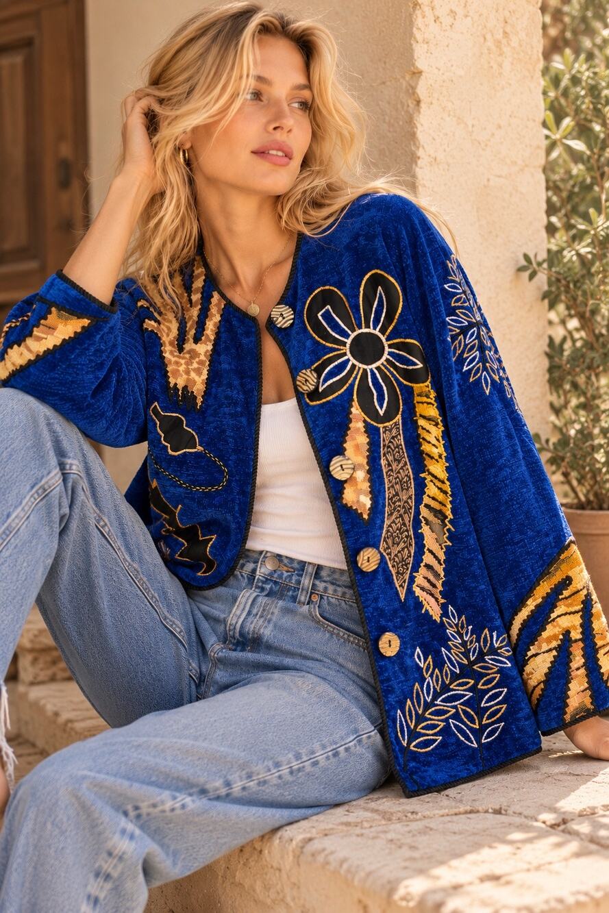 Vintage 90s Alex Kim Allure Sz XL Blue Embroidered Wearable Art Jacket Teacher
